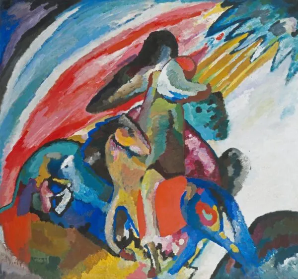 Wassily Kandinsky – Improvisation 12 (The Rider): a rider leaning forward on a many-coloured horse beneath a wide red arc and blue and yellow rays – hand-painted by us in oil on canvas.