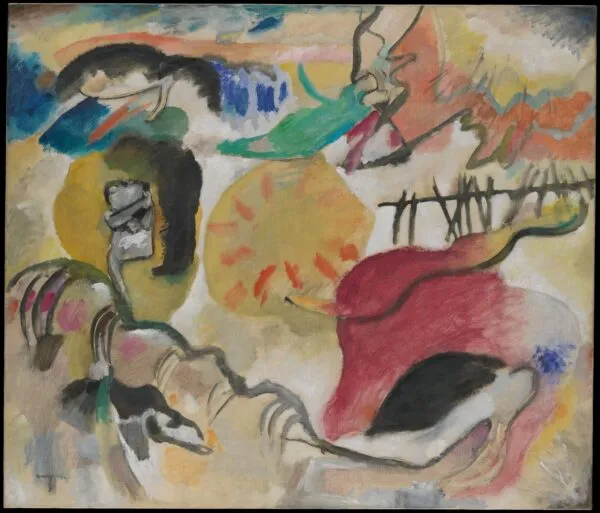 Wassily Kandinsky – Improvisation 27 (Garden of Love II): loose colour patches on a light ground, an ochre disc at centre, a crimson form at lower right – hand-painted by us in oil on canvas.