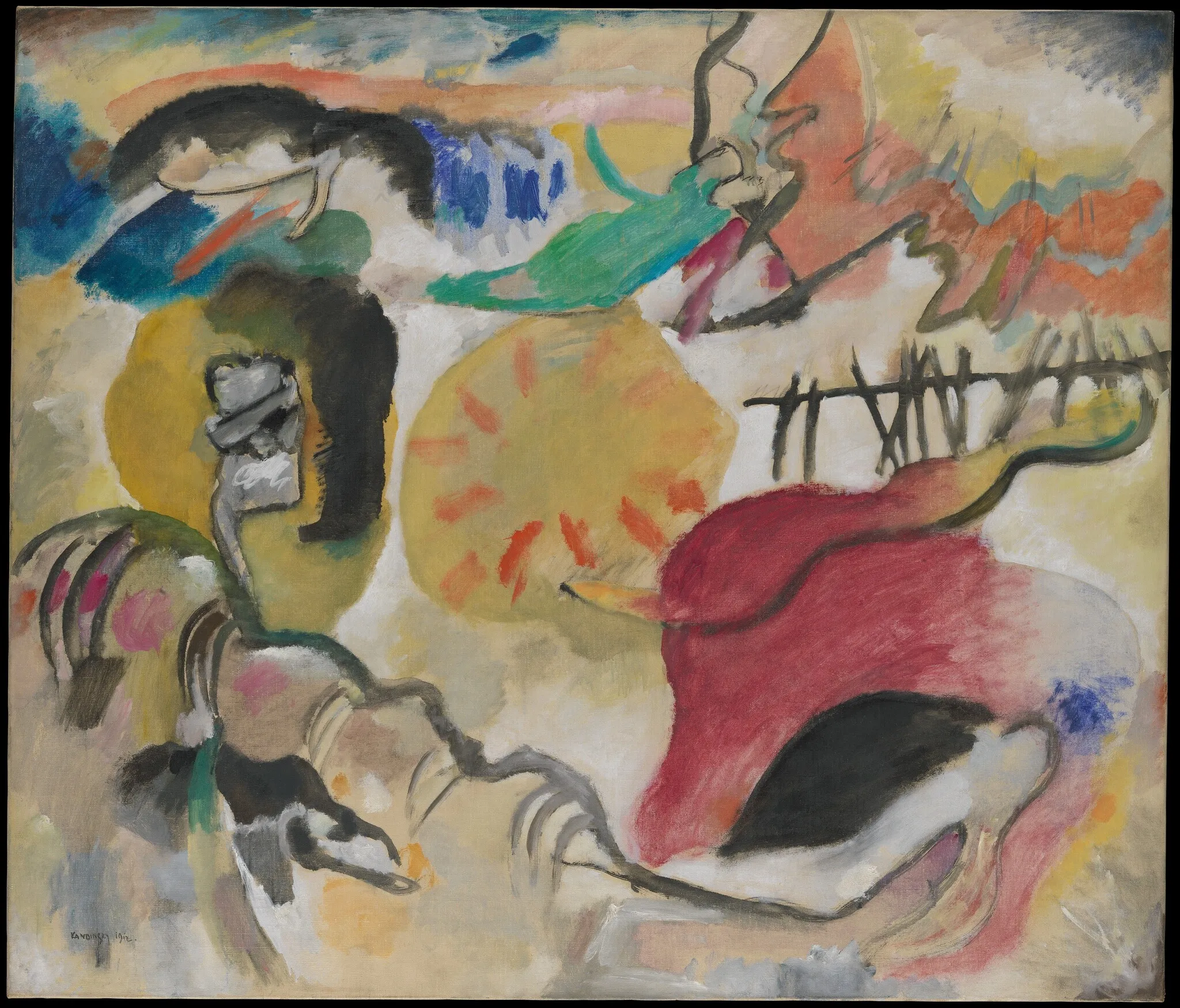 Wassily Kandinsky – Improvvisazione 27 (Giardino dell’amore II): macchie di colore libere su fondo chiaro, disco ocra al centro, forma cremisi in basso a destra – un quadro che dipingiamo a mano a olio su tela.