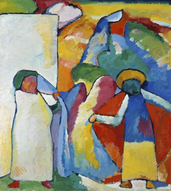 Wassily Kandinsky – Improvisation 6 (African): figures in long white, blue and pink robes before a large pale rectangle and fields of glowing colour – hand-painted by us in oil on canvas.
