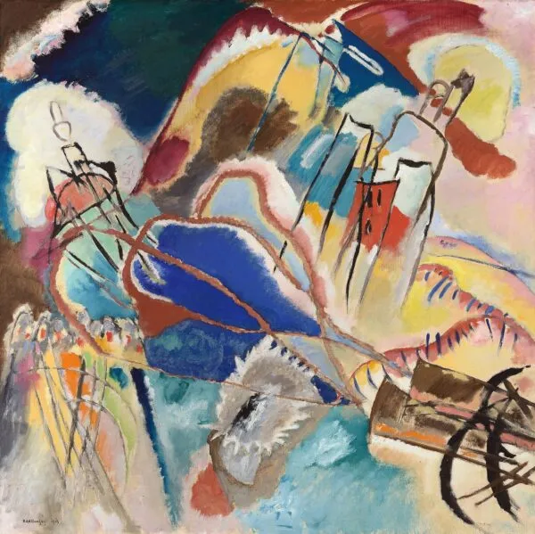 Wassily Kandinsky – Improvisation No. 30 (Cannons): hills, pale towers, a deep blue mass, a crowd of small figures and a dark cannon-like shape – hand-painted by us in oil on canvas.