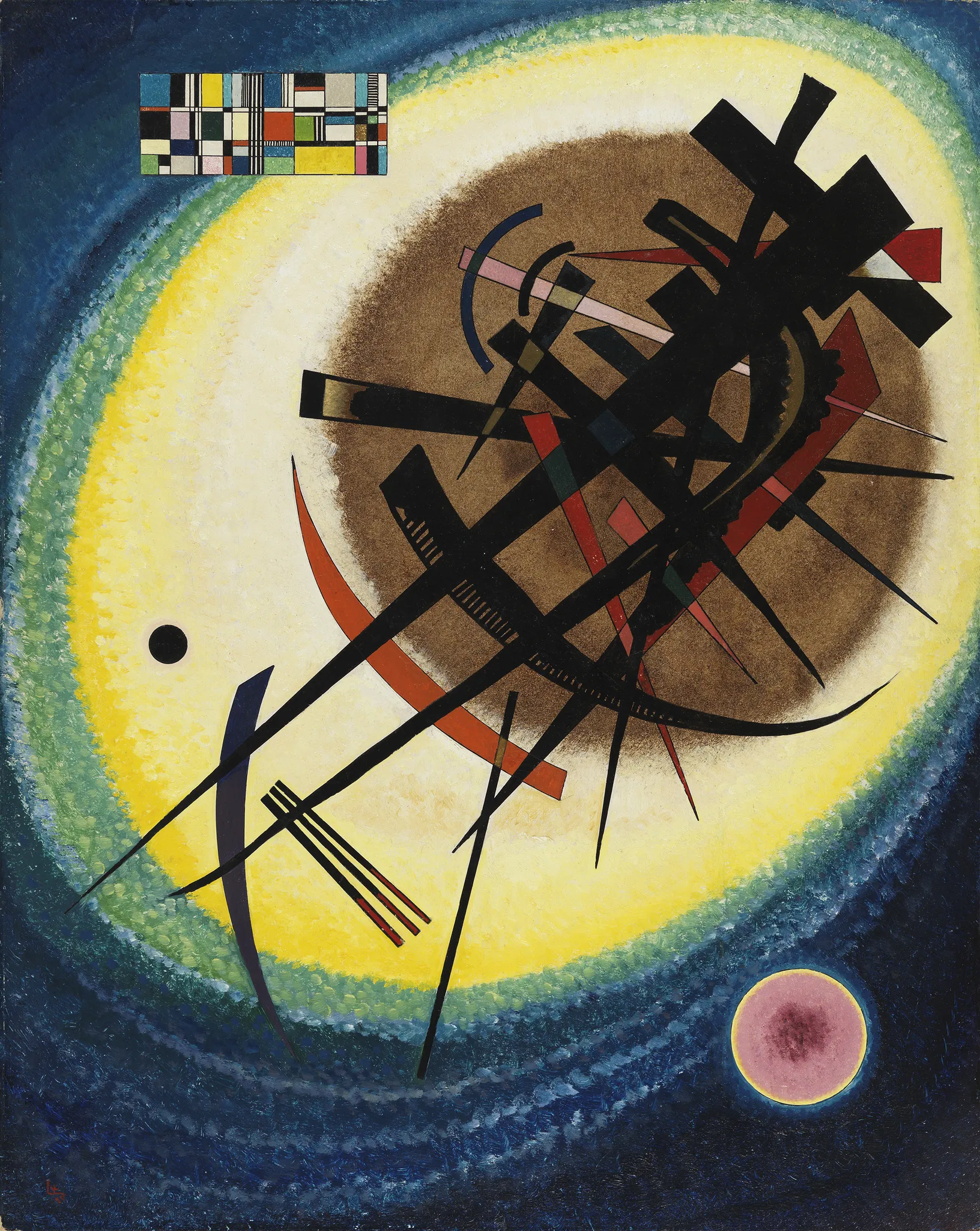 Wassily Kandinsky – In the Bright Oval: black bars and spikes over a brownish disc in a bright oval on a deep blue ground – hand-painted by us in oil on canvas.