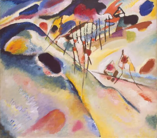 Wassily Kandinsky – Landscape: a pale landscape with a dark blue ridge, a row of thin dark trunks and a light road – hand-painted by us in oil on canvas.