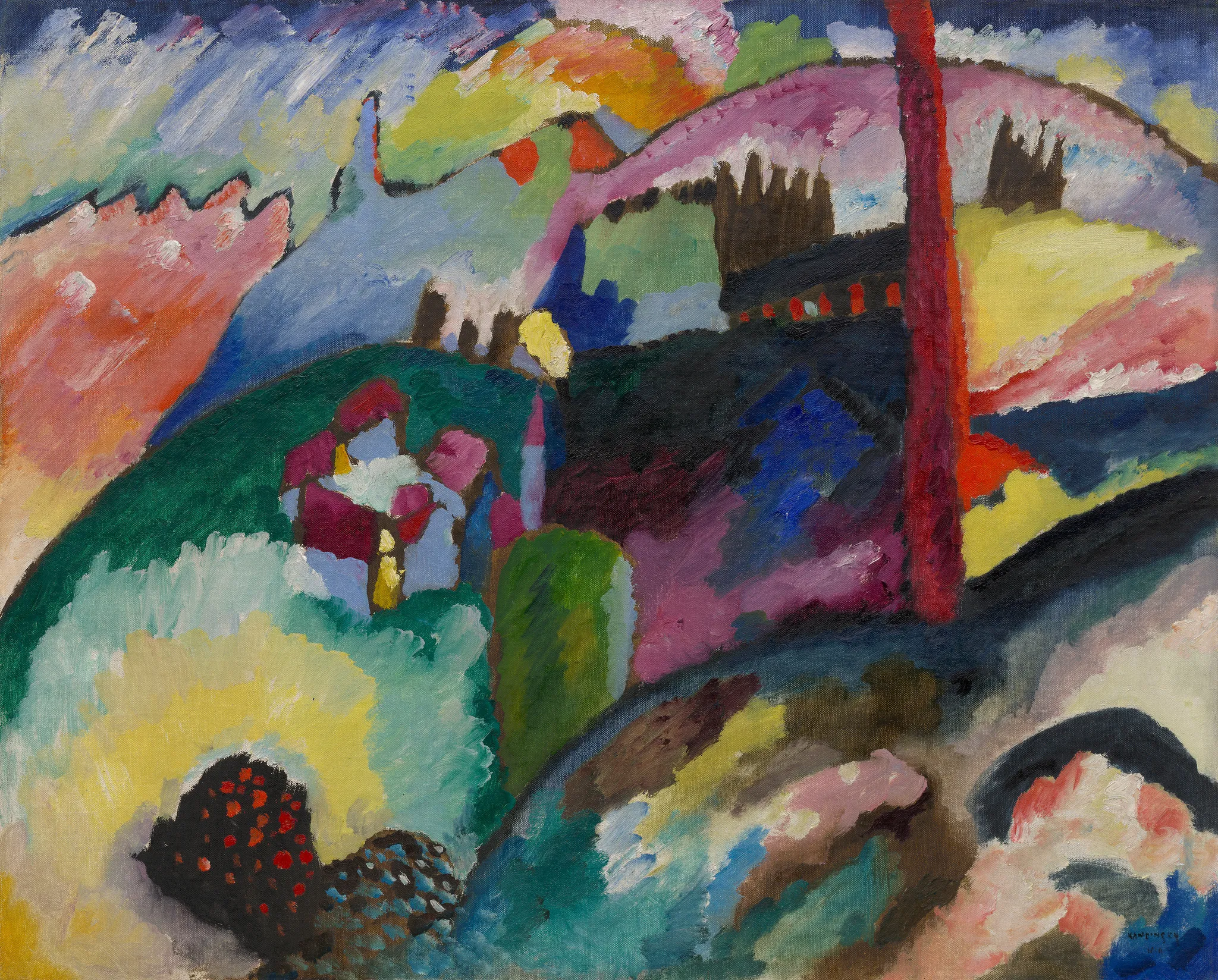 Wassily Kandinsky – Paesaggio con ciminiera: paesaggio collinare con un’alta ciminiera rossa, case su un pendio verde ed edifici scuri su una cresta rosa – un quadro che dipingiamo a mano a olio su tela.