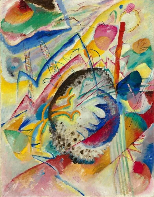 Wassily Kandinsky – Large Study: a large round form with a speckled edge amid bright bands, zigzags and thin lines – hand-painted by us in oil on canvas.