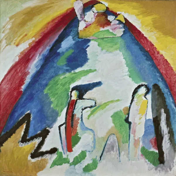 Wassily Kandinsky – Mountain: a tall mountain under a red arc, with coloured forms on the summit and two figures at its foot – hand-painted by us in oil on canvas.