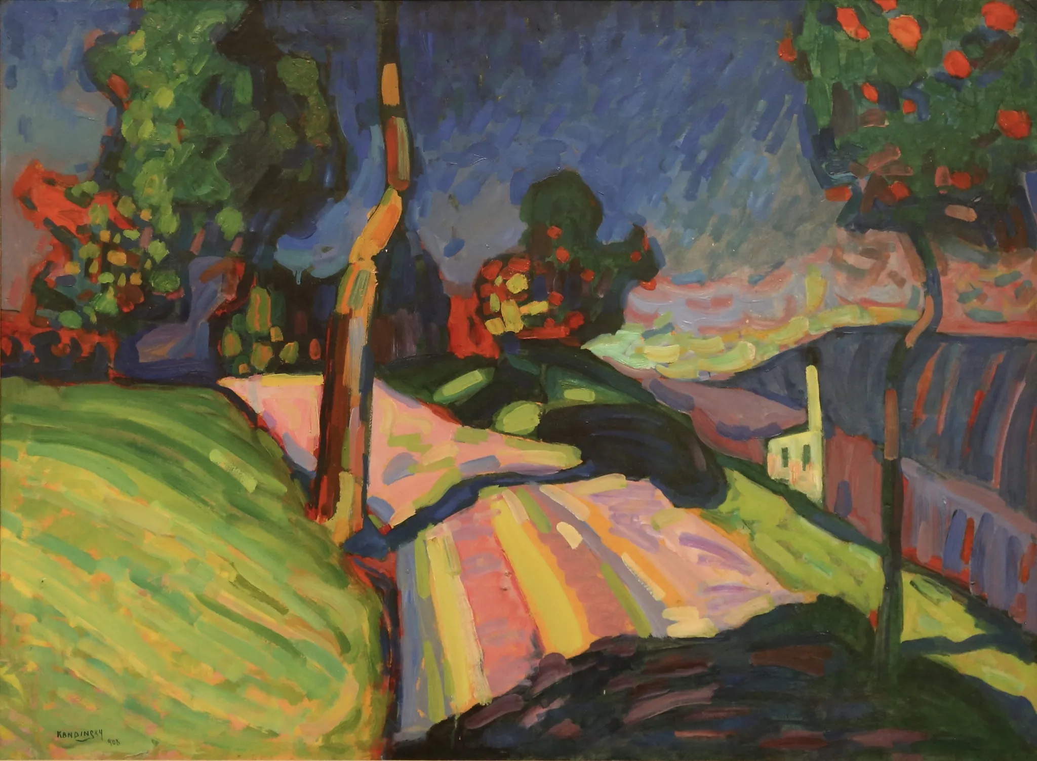 Wassily Kandinsky – Murnau – Kohlgruberstrasse: curving pink road between a green meadow, trees with red fruits and a small pale house – hand-painted by us in oil on canvas.