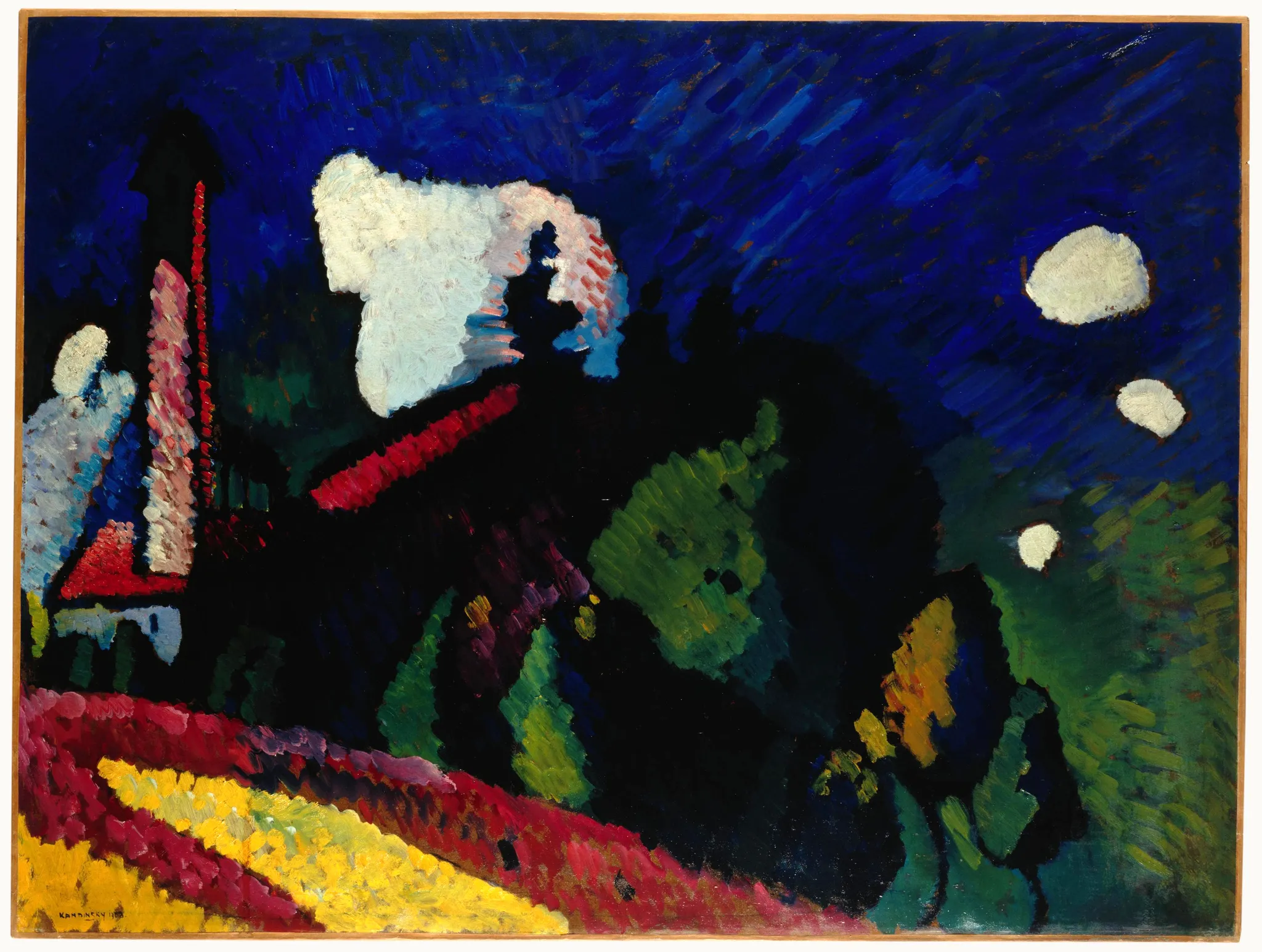 Wassily Kandinsky – Murnau, Landscape with a Tower: a landscape with a tall tower, a red roof, green trees and white clouds in a blue sky – hand-painted by us in oil on canvas.