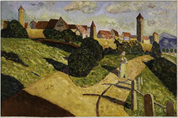 Wassily Kandinsky – Old Town II: small hilltop town with red roofs and towers, winding yellow path and a woman in a pale dress – hand-painted by us in oil on canvas.