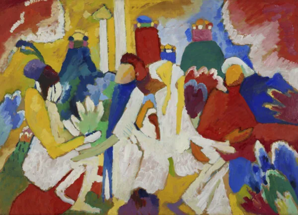 Wassily Kandinsky – Oriental: a crowd of figures in white robes among tall crowned forms, in bold red, yellow and blue – hand-painted by us in oil on canvas.