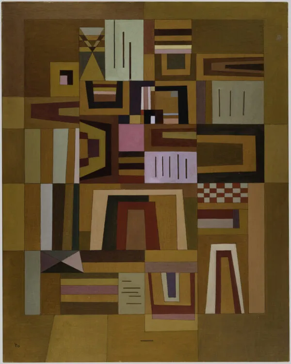Wassily Kandinsky – Pink Compensation: a patchwork of rectangles, stripes and arches on a warm ochre ground, with pink and pale accents – hand-painted by us in oil on canvas.
