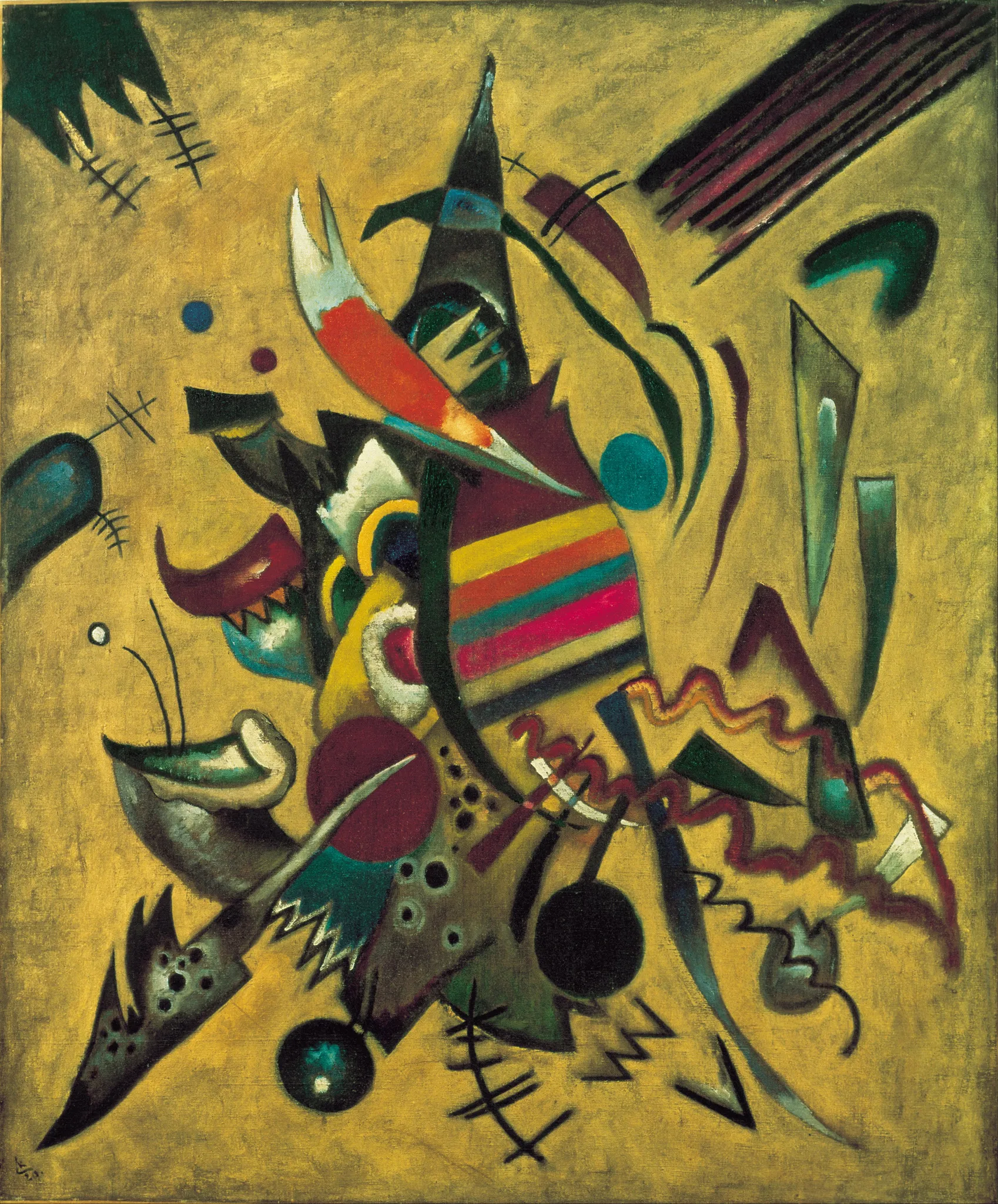 Wassily Kandinsky – Punti: forme appuntite, cerchi e una fascia di strisce colorate intorno a un’alta punta verde scuro su fondo ocra – un quadro che dipingiamo a mano a olio su tela.