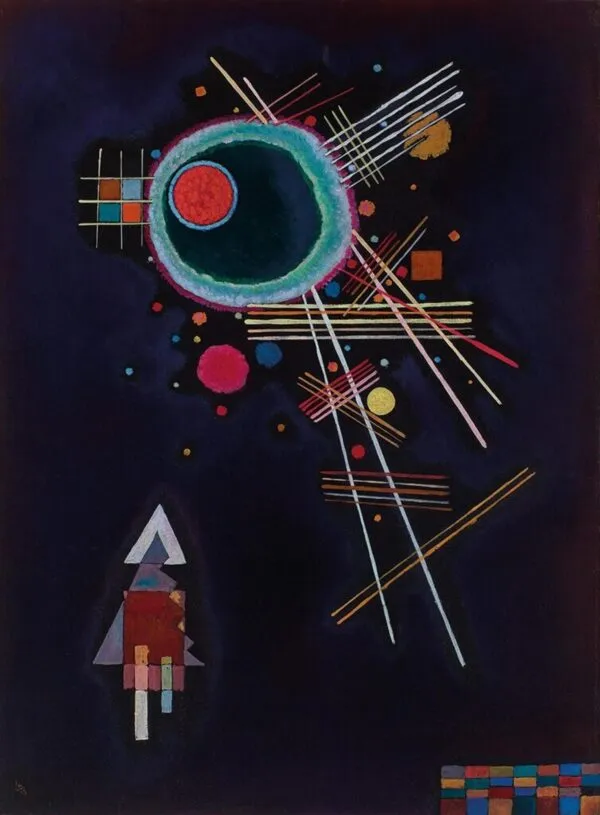 Wassily Kandinsky – Rays: a large circle in a turquoise ring, thin coloured lines and small dots on a deep violet-blue ground – hand-painted by us in oil on canvas.