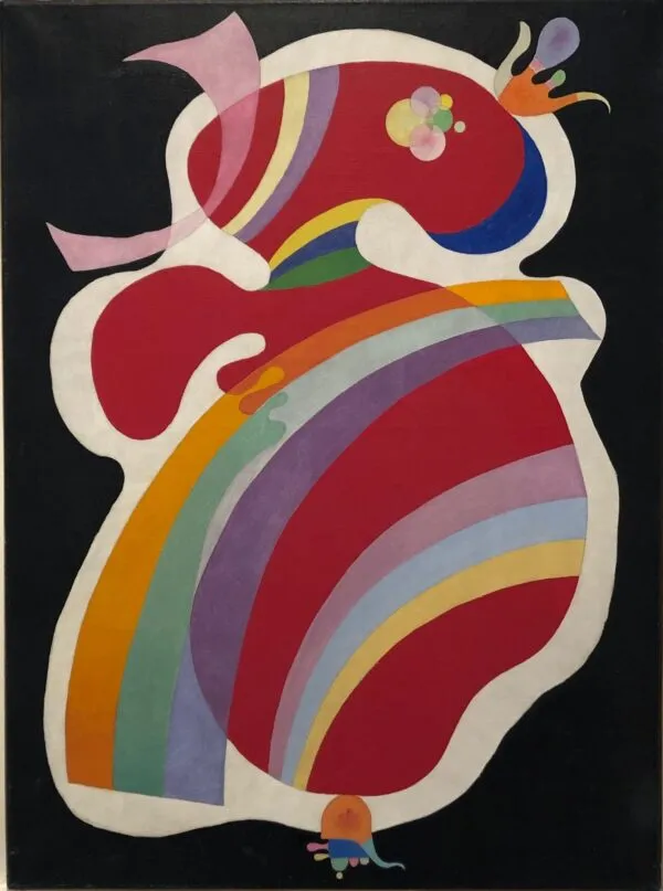 Wassily Kandinsky – Red Form: a large red form in a white border, crossed by curved coloured bands, on a black ground – hand-painted by us in oil on canvas.