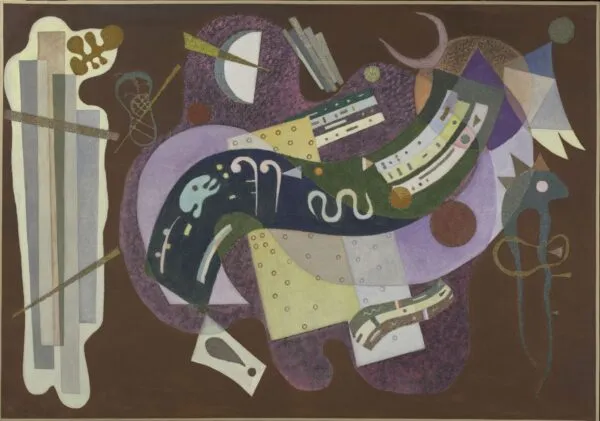 Wassily Kandinsky – Rigid and Curved: upright bars and a curving dark band among violet, grey and cream forms on a deep brown ground – hand-painted by us in oil on canvas.