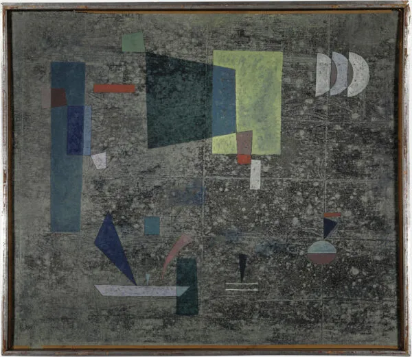 Wassily Kandinsky – Slowed Release: flat rectangles, triangles and semicircles in muted greens and blues on a dark, mottled ground – hand-painted by us in oil on canvas.
