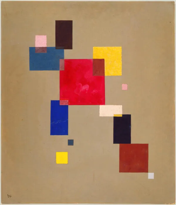 Wassily Kandinsky – Thirteen Rectangles: coloured rectangles in a diagonal chain on a greyish beige ground, a large crimson one in the centre – hand-painted by us in oil on canvas.