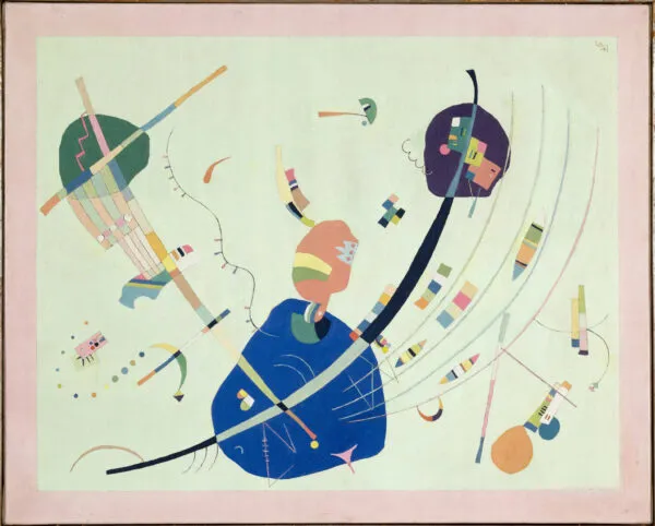 Wassily Kandinsky – To the Blue: deep blue and violet forms joined by a dark arc, small pastel shapes on a pale green field – hand-painted by us in oil on canvas.