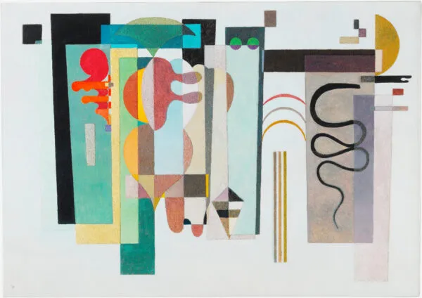 Wassily Kandinsky – Two Green Points: upright coloured panels, rounded forms and a winding black line on a pale ground, with two green circles – hand-painted by us in oil on canvas.