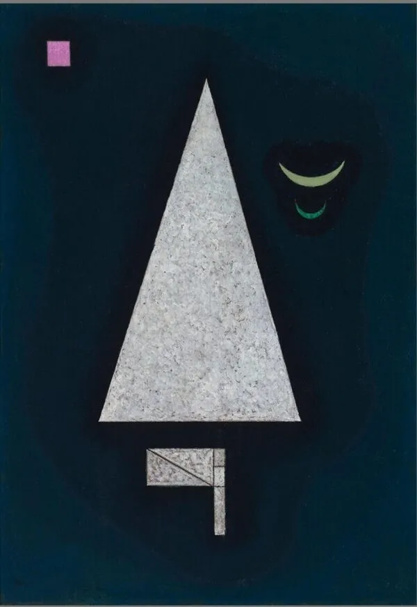 Wassily Kandinsky – White Sharpness: a large pale triangle on a dark blue ground, with a pink square and two green crescents – hand-painted by us in oil on canvas.