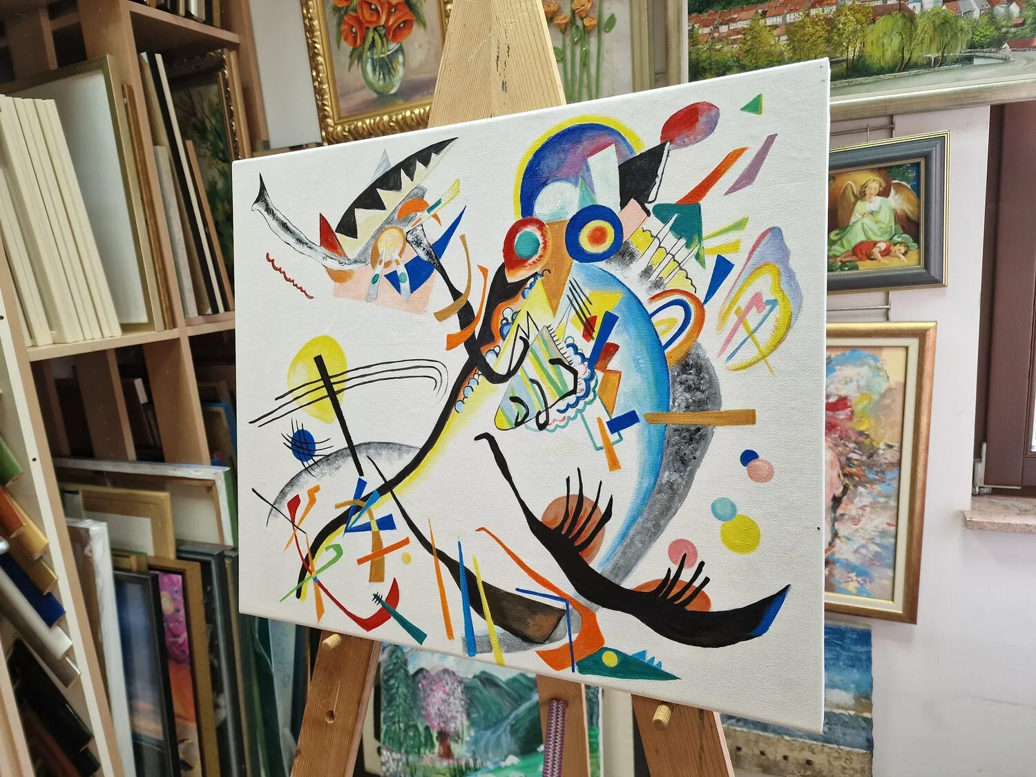 Vasilij Kandinski – Modri segment – ročno naslikana slika na platnu – fotografija 2 Vassily Kandinsky – Segment bleu – tableau sur toile, sur un chevalet, vue de côté