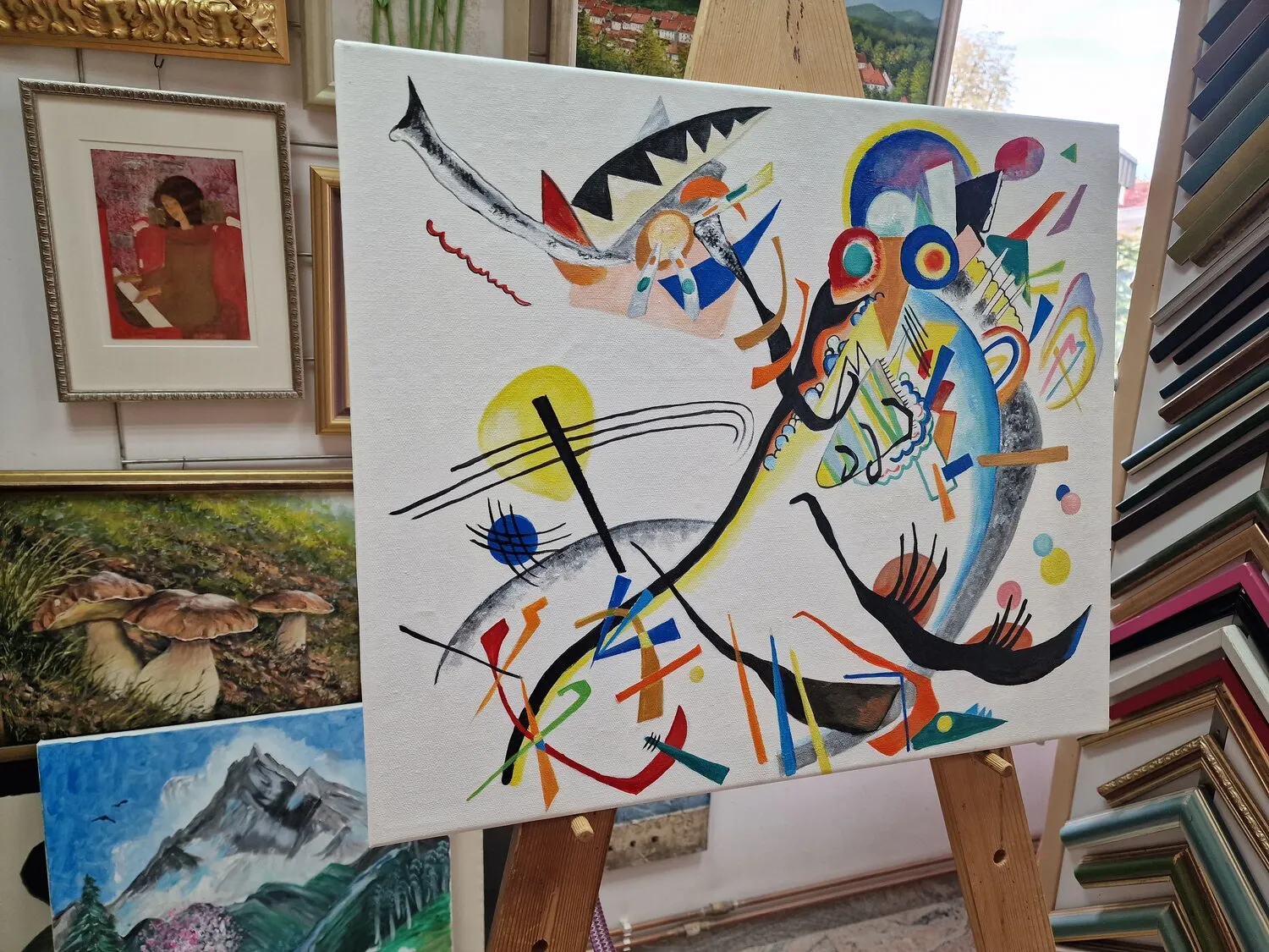 Vasilij Kandinski – Modri segment – ročno naslikana slika na platnu – fotografija 3 Vassily Kandinsky – Segment bleu – tableau sur toile, sur un chevalet, vue de l’autre côté