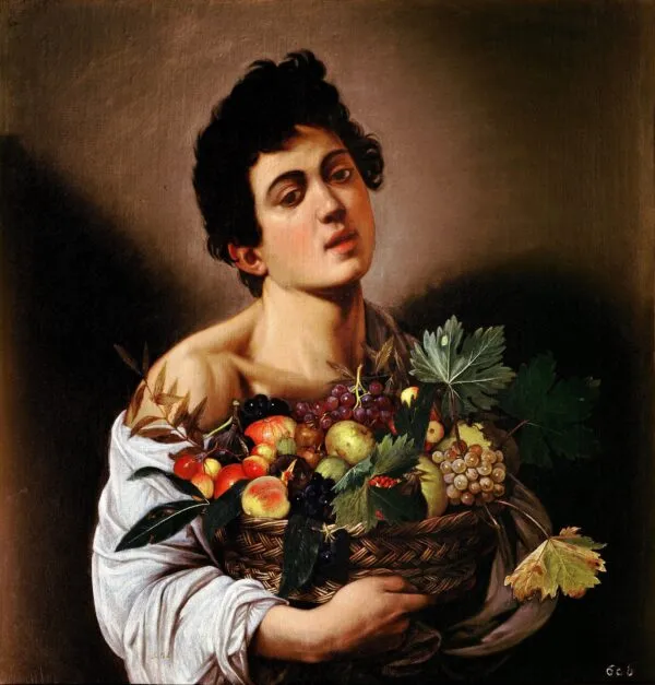 Caravaggio – Boy with a Basket of Fruit – the c. 1593 original in the Galleria Borghese, Rome – oil on canvas