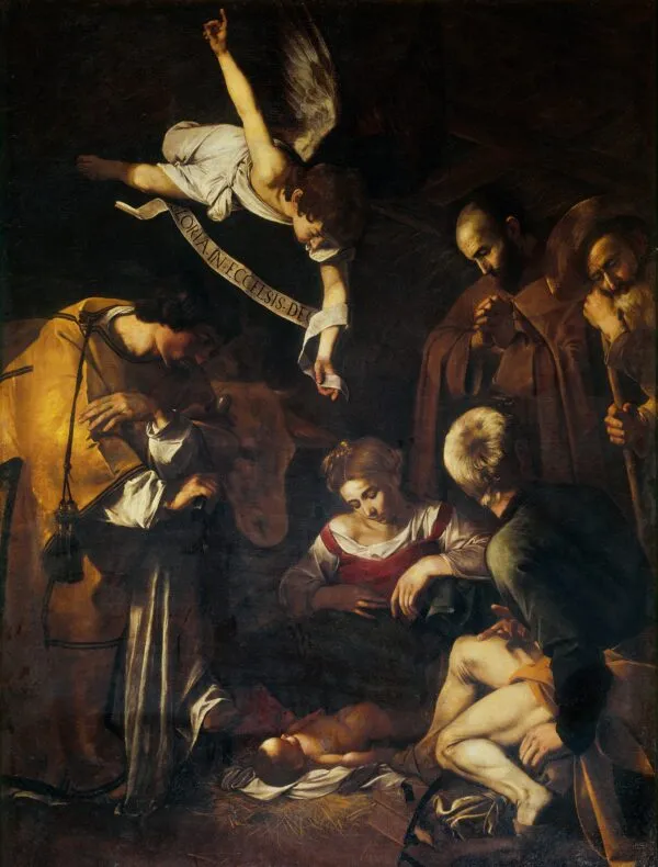 Caravaggio – Die Geburt Christi mit den Heiligen Franziskus und Laurentius – das Gemälde von 1609, 1969 aus dem Oratorio di San Lorenzo in Palermo gestohlen – Öl auf Leinwand