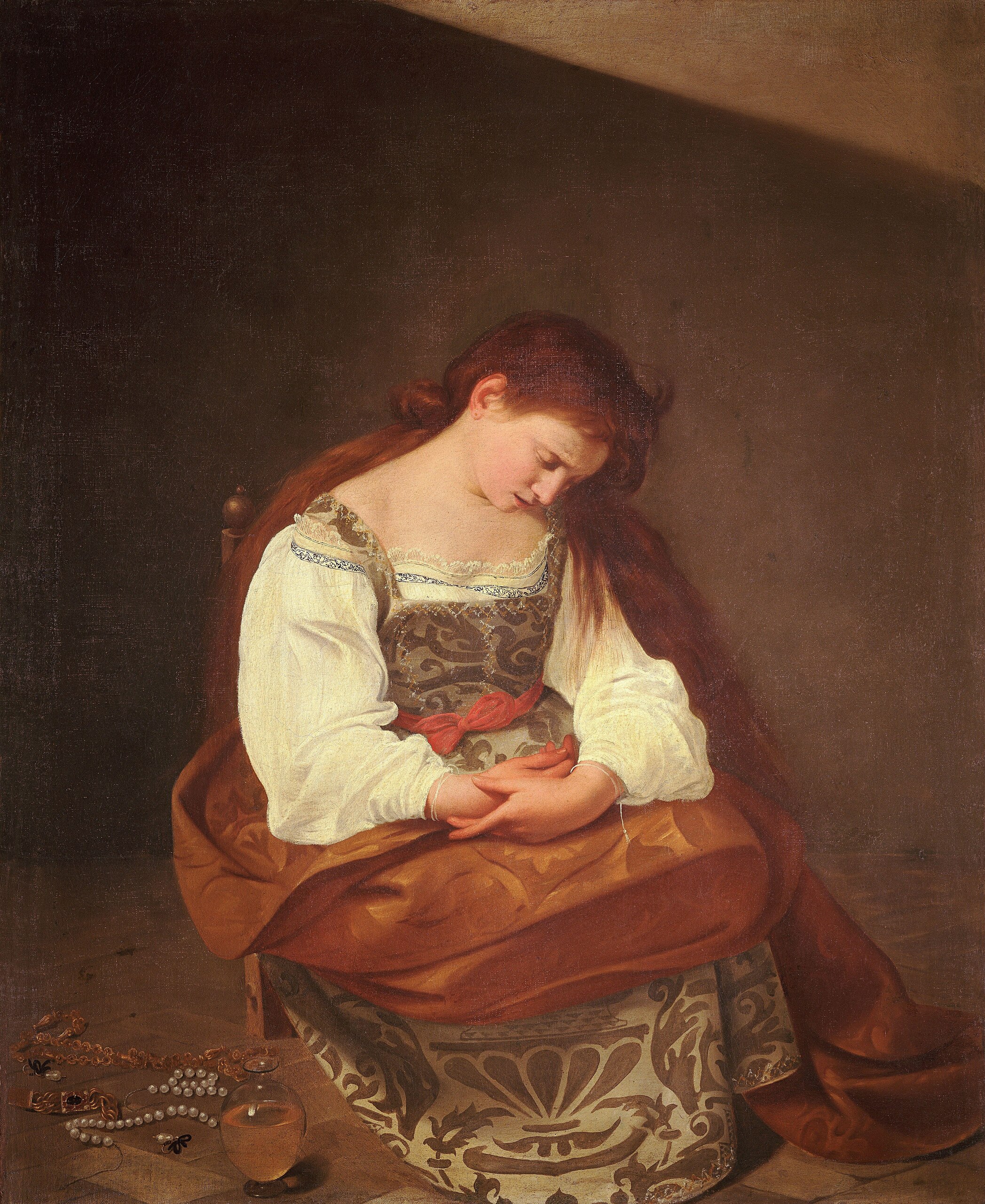 Caravaggio – Bűnbánó Magdolna – a kb. 1594–1595-ös eredeti a római Galleria Doria Pamphiljben – olaj, vászon