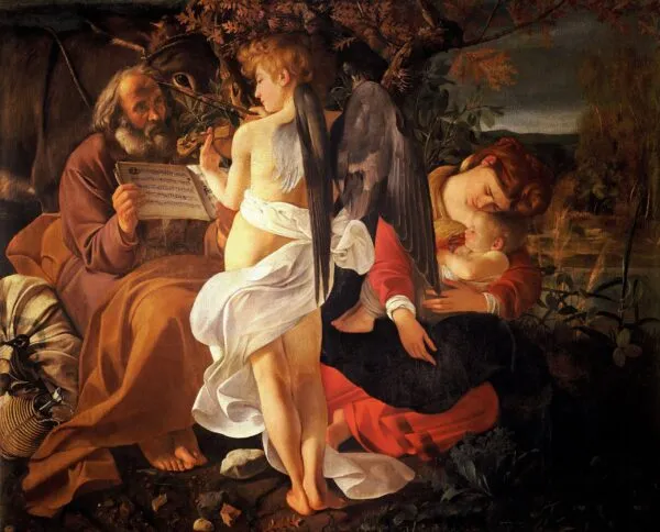 Caravaggio – Rest on the Flight into Egypt – the c. 1597 original in the Galleria Doria Pamphilj, Rome – oil on canvas