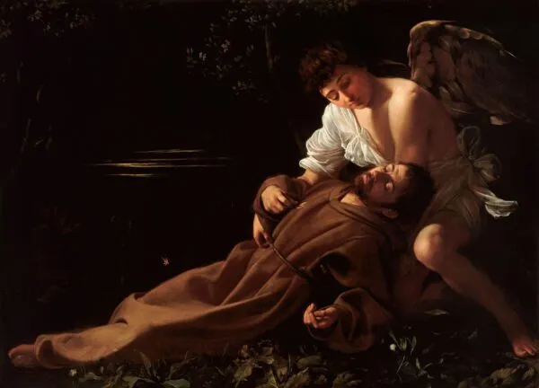 Caravaggio – Saint Francis of Assisi in Ecstasy – the c. 1595 original in the Wadsworth Atheneum, Hartford – oil on canvas