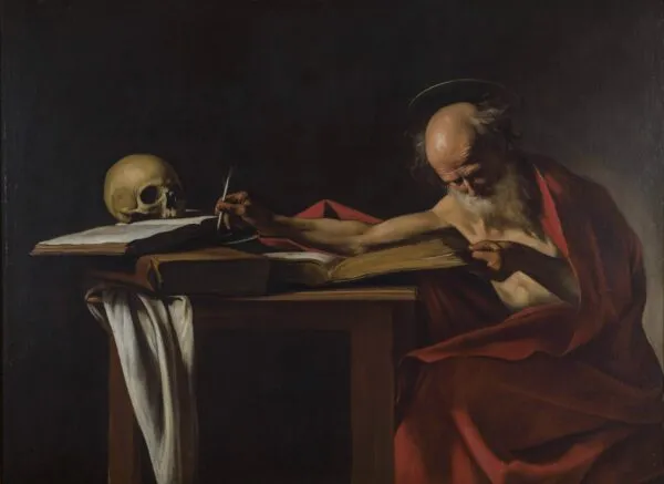 Caravaggio – Der heilige Hieronymus beim Schreiben – das Original von um 1605–1606 in der Galleria Borghese, Rom – Öl auf Leinwand