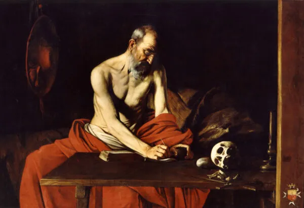 Caravaggio – Der heilige Hieronymus beim Schreiben (Valletta) – das Original von 1607–1608 im Oratorium der St. John’s Co-Cathedral – Öl auf Leinwand