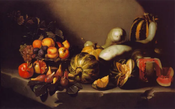 Caravaggio (zugeschrieben) – Stillleben mit Früchten auf einer Steinplatte – das Original von 1601–1610 in Privatbesitz – Öl auf Leinwand