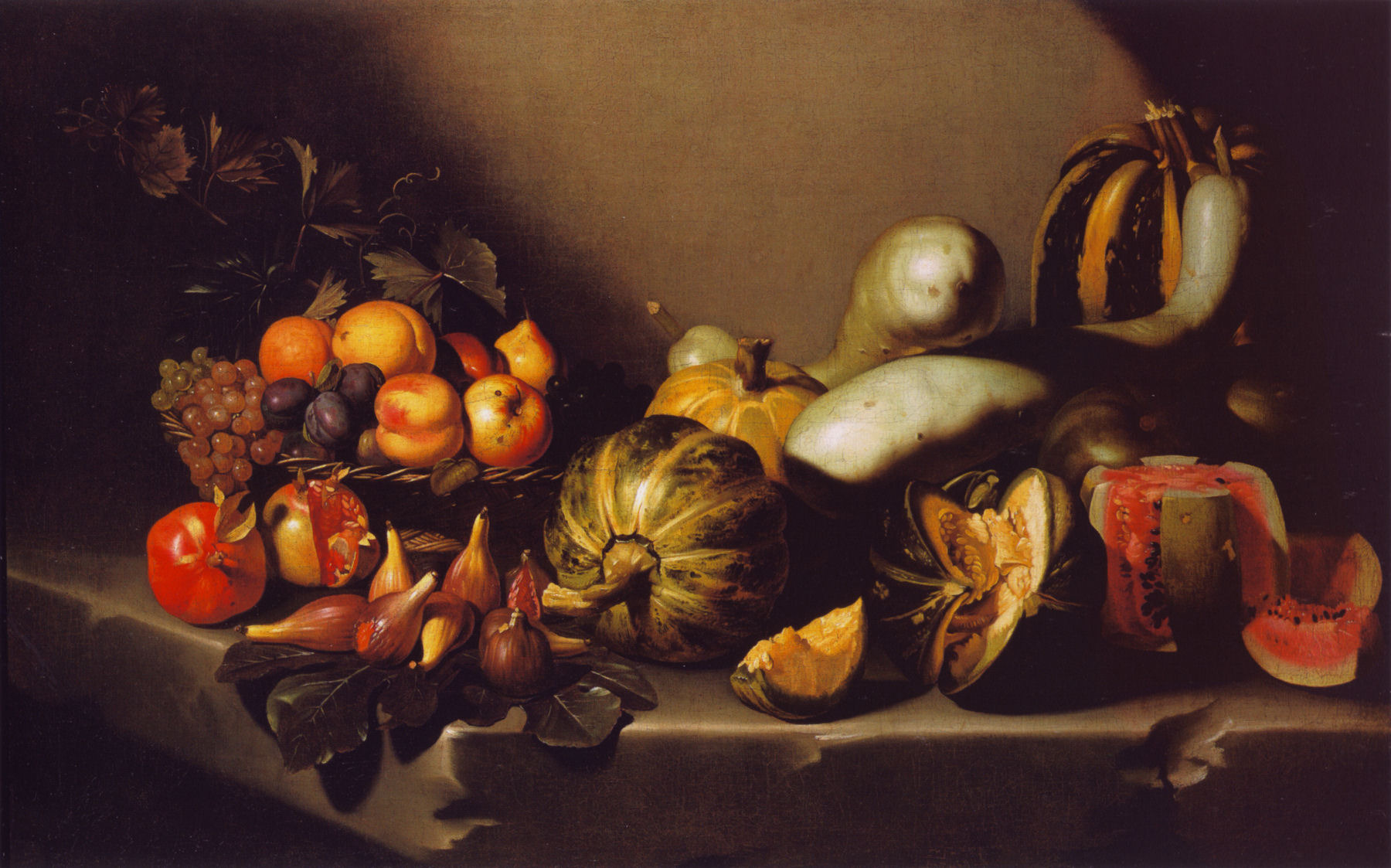 Caravaggio (zugeschrieben) – Stillleben mit Früchten auf einer Steinplatte – das Original von 1601–1610 in Privatbesitz – Öl auf Leinwand