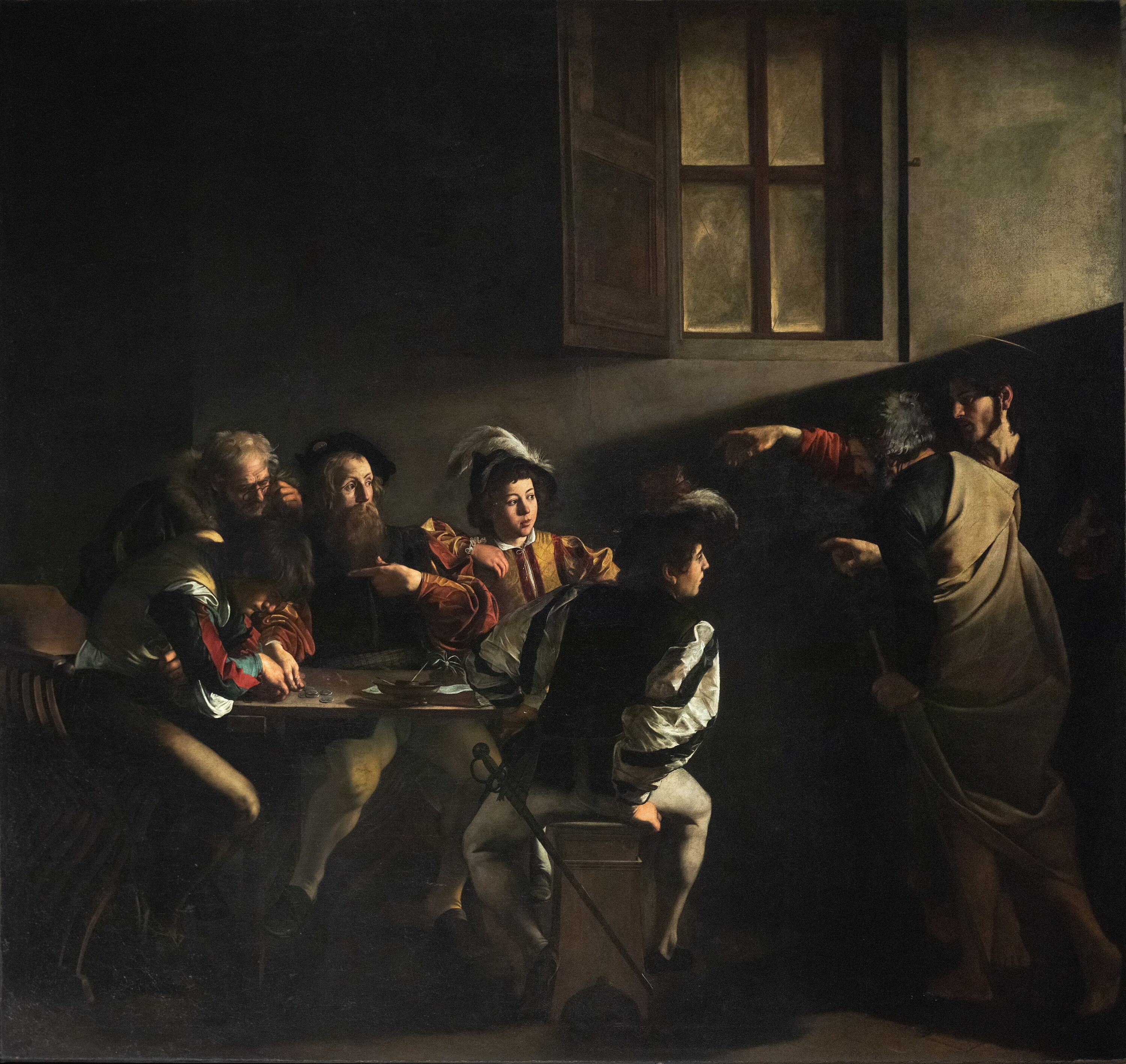 Caravaggio – Szent Máté elhívása – az 1599–1600-as eredeti a római San Luigi dei Francesi-templomban – olaj, vászon