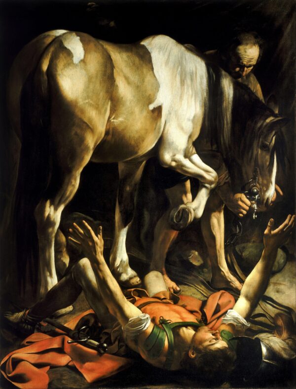 Caravaggio – Conversione sulla via di Damasco – l’originale del 1601 nella Cappella Cerasi, Santa Maria del Popolo, Roma – olio su tela