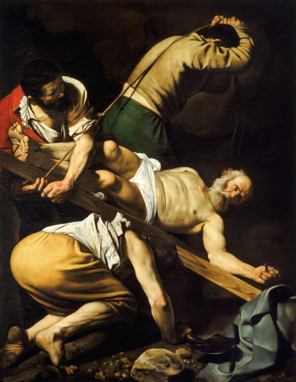 Caravaggio – Križanje svetega Petra – izvirnik iz leta 1601 v kapeli Cerasi, Santa Maria del Popolo, Rim – olje na platnu