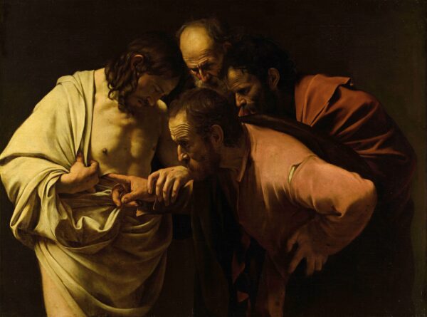 Caravaggio – Nejeverni Tomaž – izvirnik iz okoli 1601–1602 v Galeriji slik Sanssouci v Potsdamu – olje na platnu