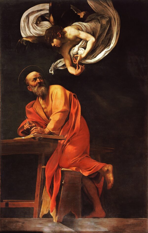 Caravaggio – Die Inspiration des heiligen Matthäus – das Original von 1602 in der Contarelli-Kapelle, San Luigi dei Francesi, Rom – Öl auf Leinwand