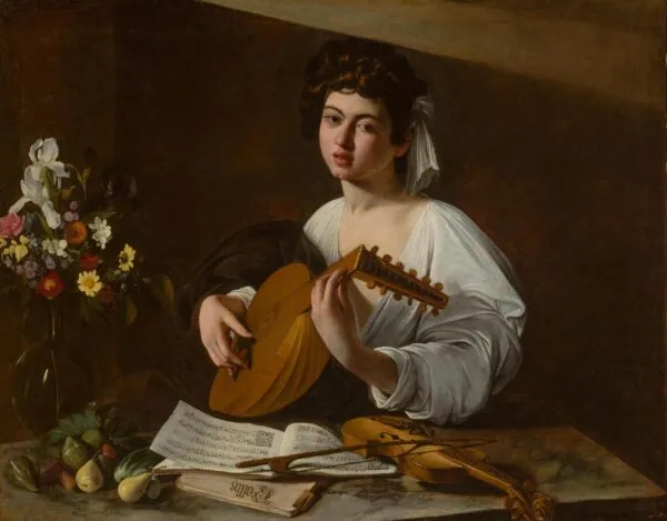 Caravaggio – Der Lautenspieler – das Original von um 1596 in der Staatlichen Eremitage, Sankt Petersburg – Öl auf Leinwand