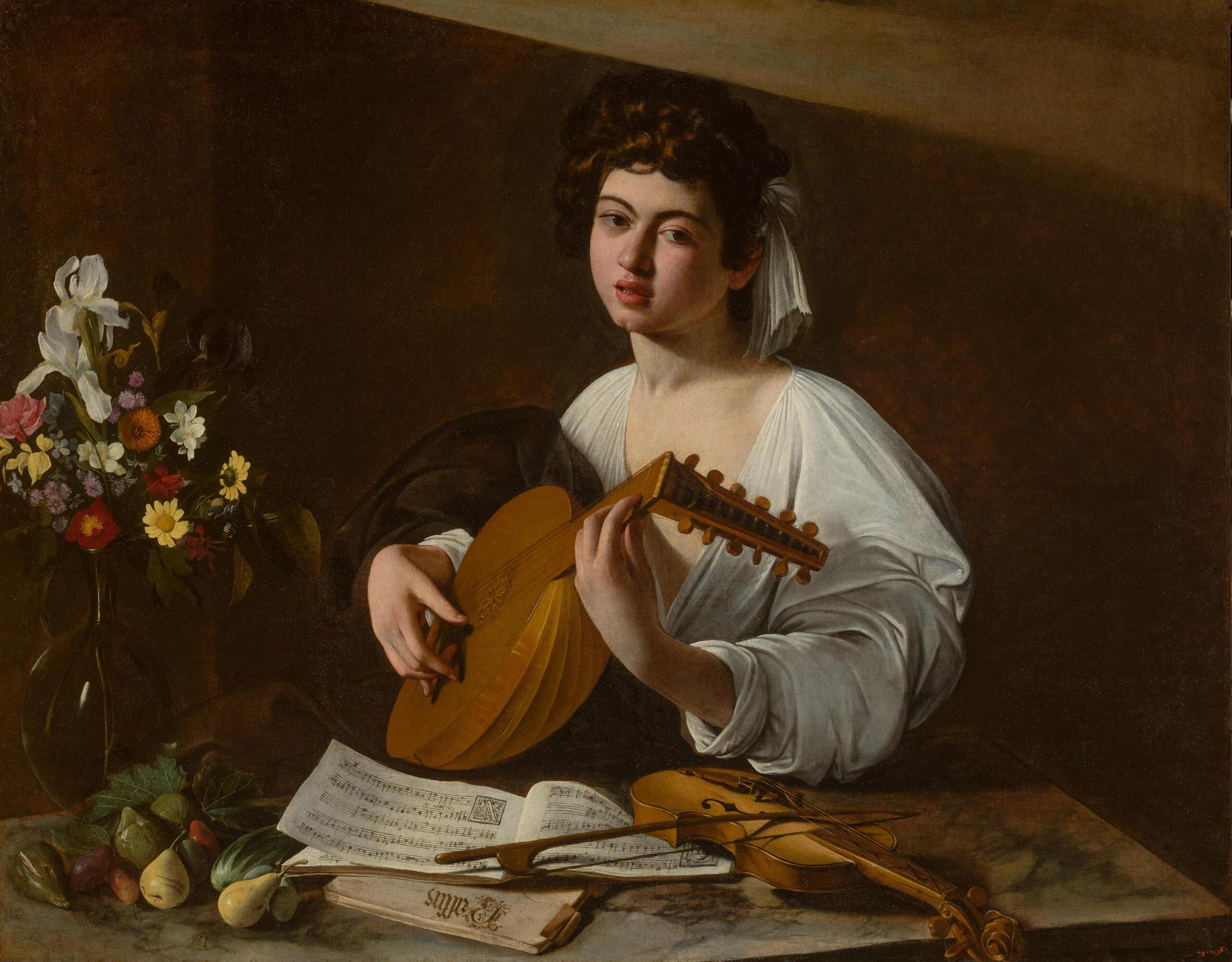 Caravaggio – Der Lautenspieler – das Original von um 1596 in der Staatlichen Eremitage, Sankt Petersburg – Öl auf Leinwand