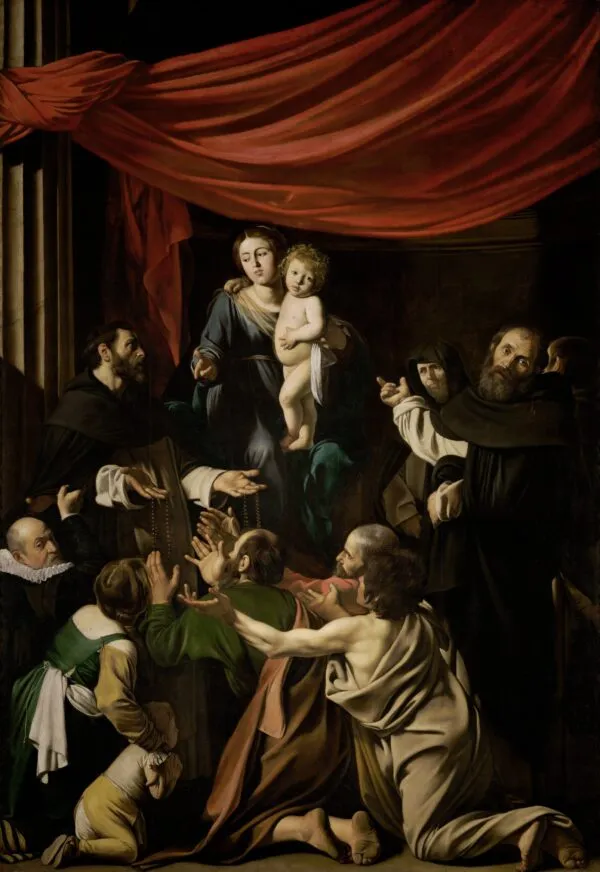 Caravaggio – Die Rosenkranzmadonna – das Original von 1607 im Kunsthistorischen Museum, Wien – Öl auf Leinwand