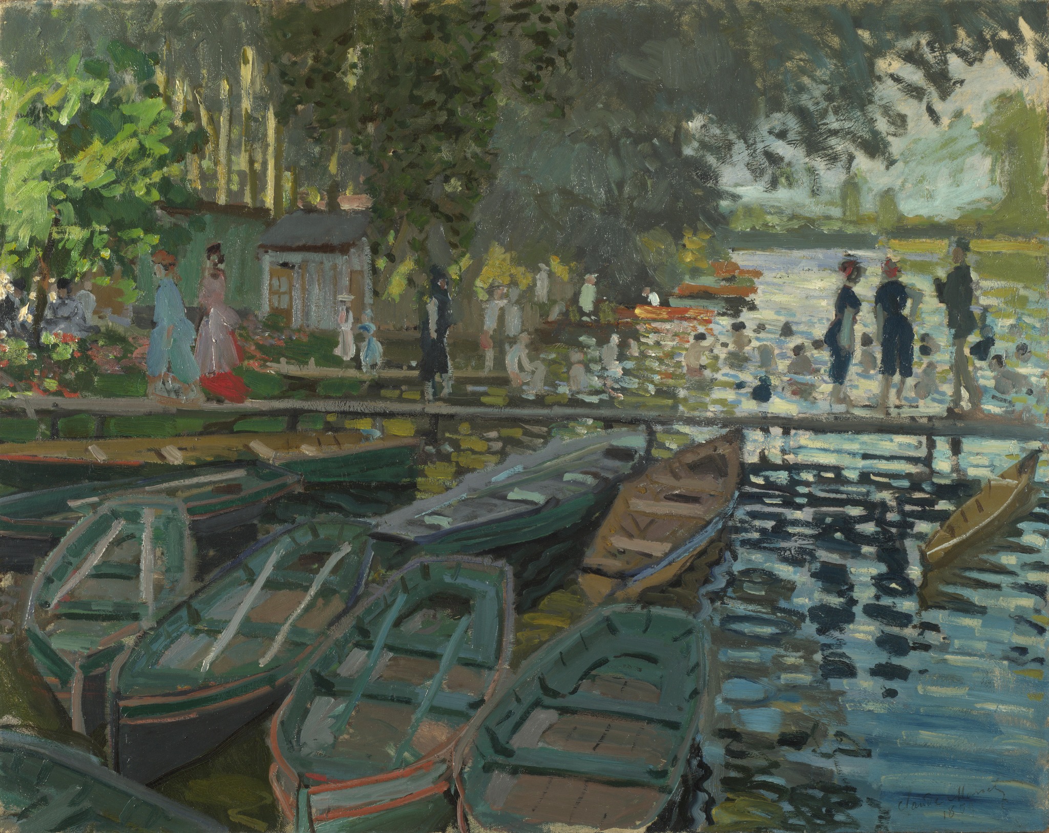 Claude Monet – Kopalci v La Grenouillèru: čolni, sprehajalci in kopalci na Seni v La Grenouillèru – slika, ki jo ročno naslikamo z oljnimi barvami na platnu.