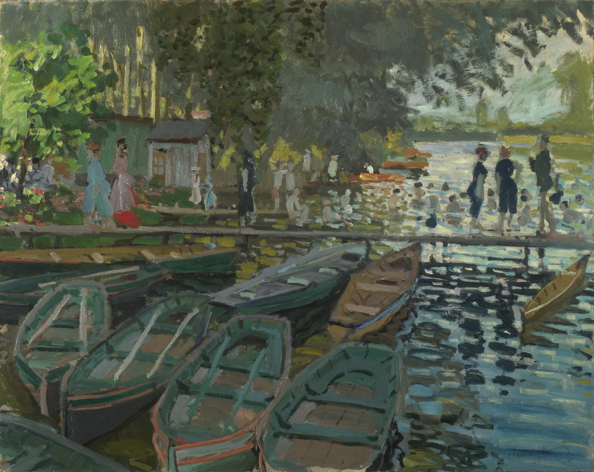 Claude Monet – Bagnanti alla Grenouillère: barche, passanti e bagnanti sulla Senna alla Grenouillère – un quadro che dipingiamo a mano a olio su tela.