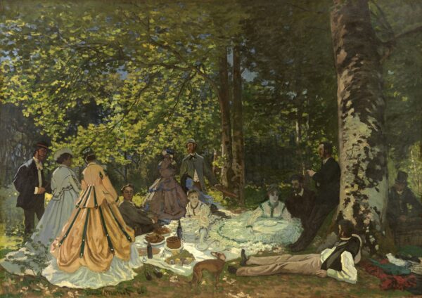 Claude Monet – La colazione sull’erba: un picnic di amici sull’erba nella foresta di Fontainebleau – un quadro che dipingiamo a mano a olio su tela.