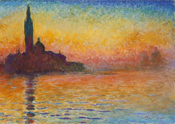 Claude Monet – San Giorgio Maggiore al crepuscolo: San Giorgio Maggiore a Venezia contro un tramonto infuocato – un quadro che dipingiamo a mano a olio su tela.
