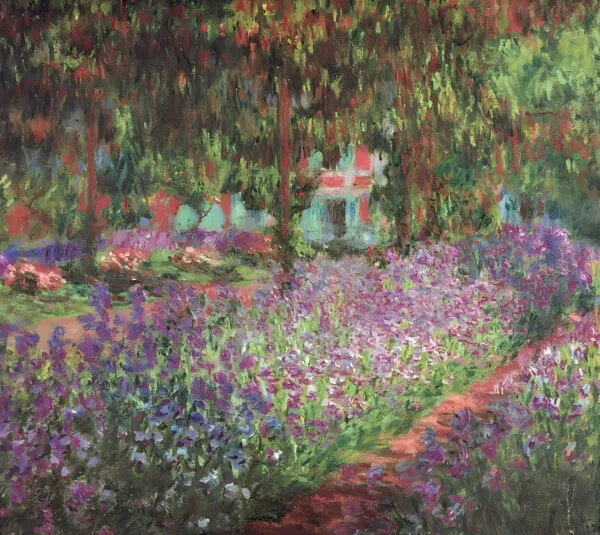 Claude Monet – Il giardino dell’artista a Giverny: iris porpora nel giardino di Monet a Giverny, con la casa rosa sullo sfondo – un quadro che dipingiamo a mano a olio su tela.