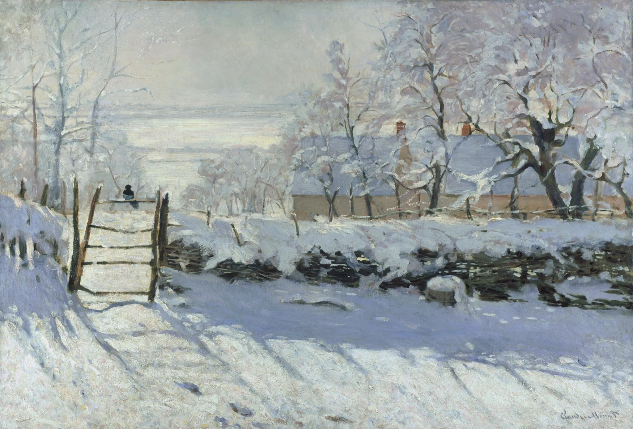 Claude Monet – La gazza: una gazza su un cancello in un campo innevato vicino a Étretat – un quadro che dipingiamo a mano a olio su tela.