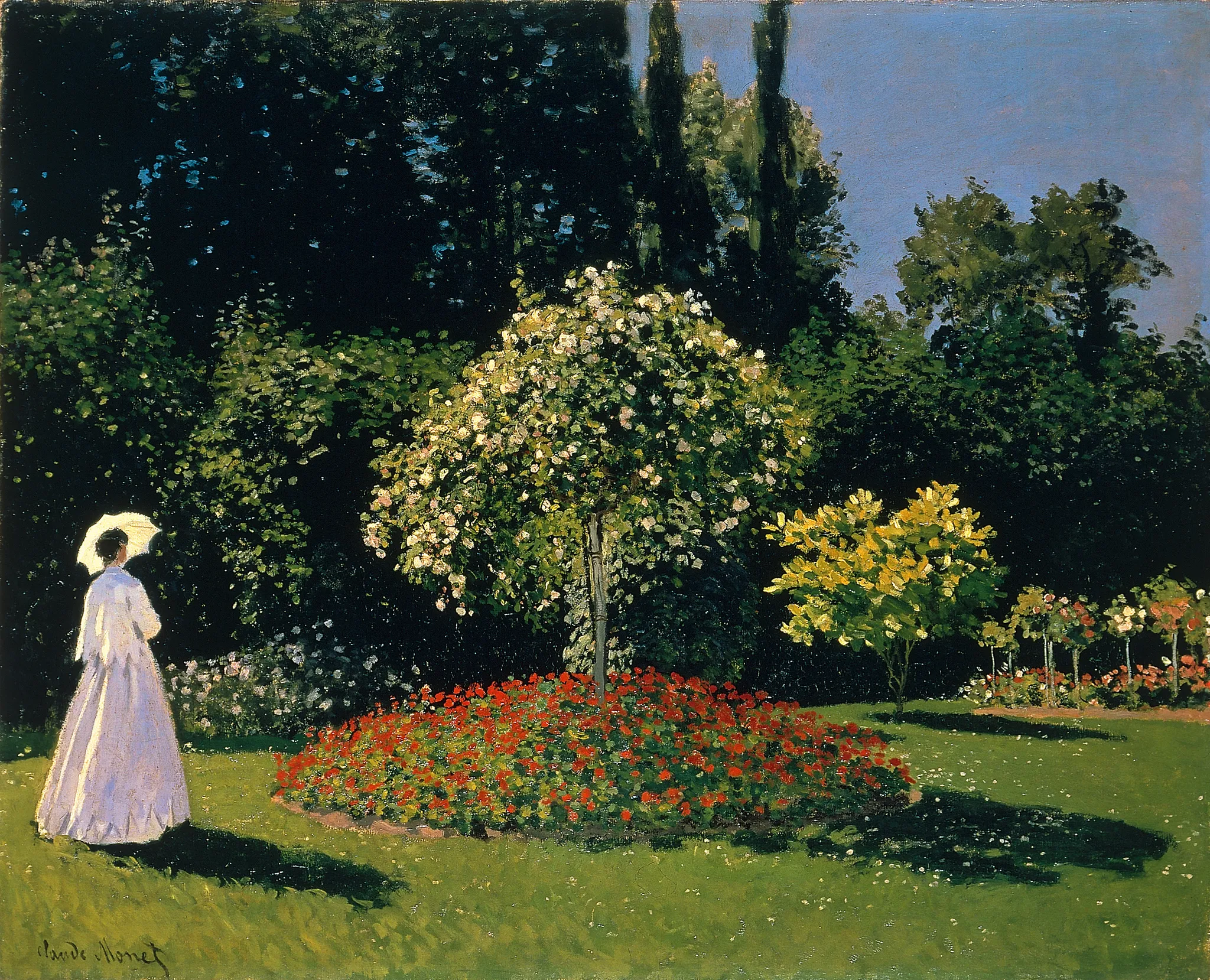 Claude Monet – Signora in giardino: una donna in bianco con l’ombrellino accanto a un’aiuola di fiori rossi – un quadro che dipingiamo a mano a olio su tela.